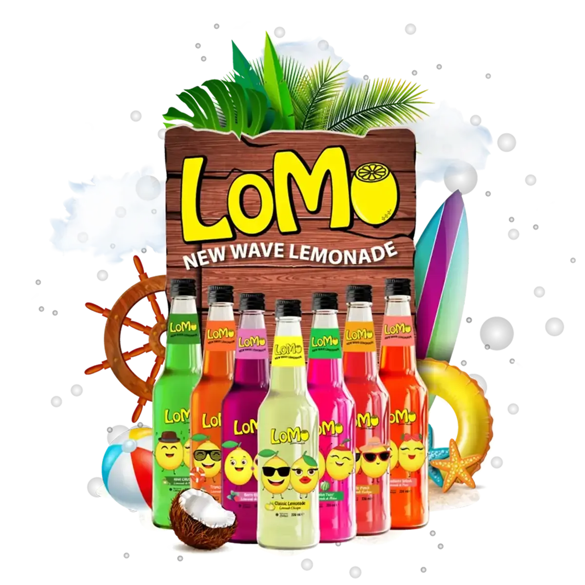 Summer-themed presentation of LOMO New Wave Lemonade in multiple fruity flavours, perfect for beach days.